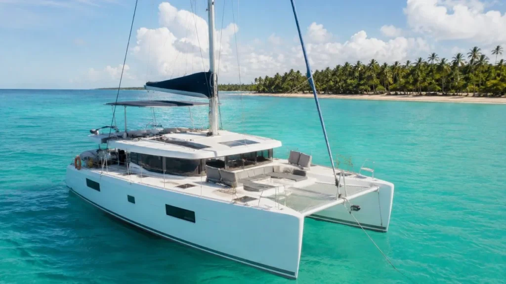 Catamarán privado de la excursión Vip, aguas turquesas y la Isla Saona de fondo